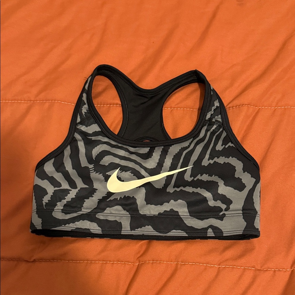 Nike Black & Gray Zebra-Print Sports Bra with Pale Yellow Swoosh